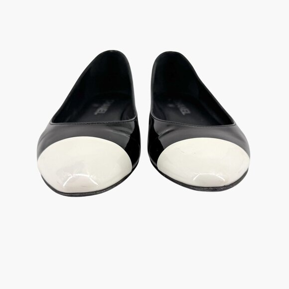 Chanel Cap Toe CC Ballet Flats Size 38.5 US 7.5-8 Black Patent Two Tone Shoes - Picture 7 of 16